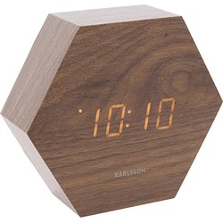 Wekker Hexagon - Donker Hout fineer, Wit LED - 13x11x4,5cm