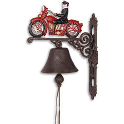 A PAIR OF CAST IRON RED MOTORCYCLE BELLS