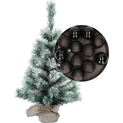Besneeuwde mini kerstboom/kunst kerstboom 35 cm met kerstballen zwart - Kunstkerstboom