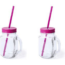 Mason Jar drinkbekers - 2x stuks - glas - dop roze met rietje - 500 ml - Drinkbekers