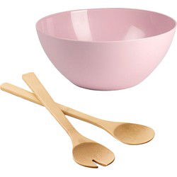 Salade/fruit serveer schaal - roze - kunststof - Dia 25 cm - incl. bamboe Sla couvert/bestek - Serveerschalen