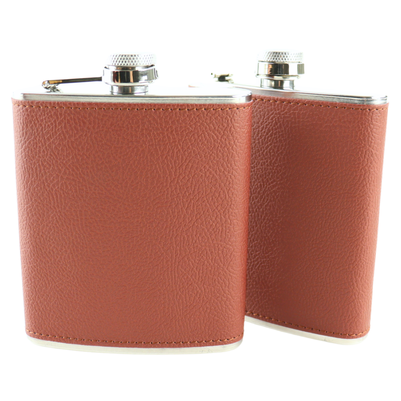 HIXA Heupfles - 2 Stuks - Flacon - Veldfles - RVS - Drinkfles - Platvink - 200ml - Leder - Bruin - 