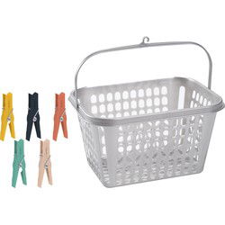 Wasknijper mandje/bakje - zilver - inclusief 52x wasknijpers - kunststof - knijperszakken