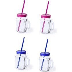 4x stuks drink potjes van glas Mason Jar blauw/roze 500 ml - Drinkbekers