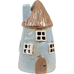 Clayre & Eef Waxinelichthouder Huis Ø 9x16 cm Blauw Bruin Keramiek Theelichthouder