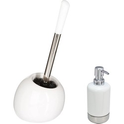 WC-/toiletborstel en houder - wit - met zeeppompje 300 ml - Badkameraccessoireset