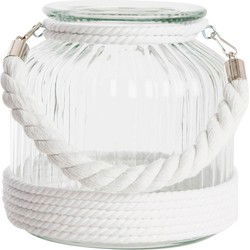 Items Windlicht kaarshouder - wit - glas - met touw - 18 cm - Windlichten
