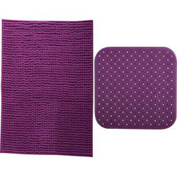 MSV Douche anti-slip mat en droogloop mat - Sevilla badkamer set - rubber/microvezel - paars - Badmatjes