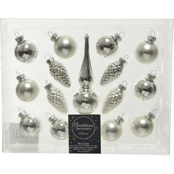 Decoris Kerstballen - 15 delig - zilver - inclusief piek - 3 cm - Kerstbal