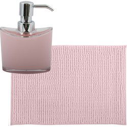 MSV badkamer droogloop mat/tapijtje - 40 x 60 cm - en zelfde kleur zeeppompje 260 ml - lichtroze - Badmatjes