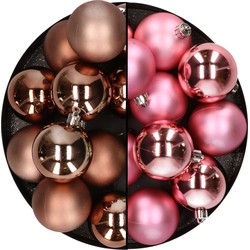Kunststof kerstballen 6 cm - 24x stuks - bruin en roze - Kerstbal