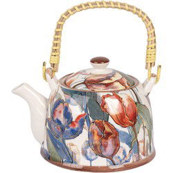 Clayre & Eef Theepot met Filter Wit Blauw Keramiek