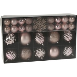 Set van 50x stuks kunststof kerstballen en sneeuwvlok kersthangers roze - Kerstbal