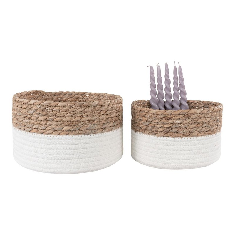 Tanta Baskets - Baskets in cotton and rush, white/nature, round, set of 2 - 