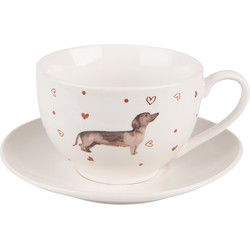 Clayre & Eef Kop en schotel  200 ml Beige Bruin Porselein Rond Teckel Servies