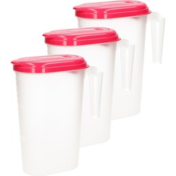 3x stuks waterkan/sapkan transparant/fuschia roze met deksel 1.6 liter kunststof - Schenkkannen