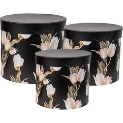 Clayre & Eef Opbergdoos Set van 3 Ø 24x21 / Ø 22x29/ Ø 19x18 cm Zwart Karton Rond Tulpen
