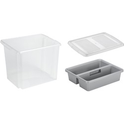 Sunware opslagbox kunststof 45 liter transparant 45 x 36 x 36 cm met deksel en organiser tray - Opbergbox