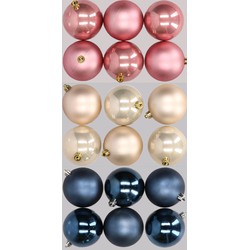 18x stuks kunststof kerstballen mix van donkerblauw, champagne en oudroze 8 cm - Kerstbal