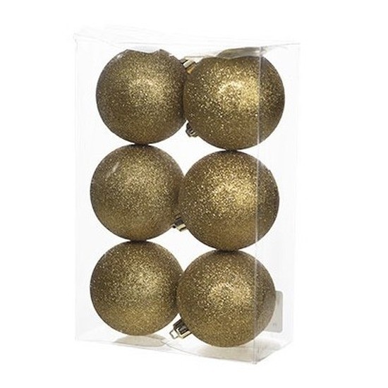 6x Kunststof kerstballen glitter goud 8 cm kerstboom versiering/decoratie - Kerstbal - 
