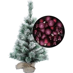 Besneeuwde mini kerstboom/kunst kerstboom 35 cm met kerstballen aubergine paars - Kunstkerstboom