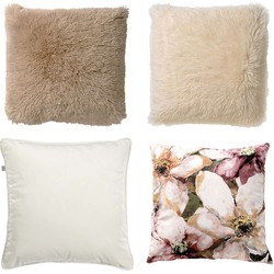 Dutch Decor VOORDEELSET BRIONY - Set van 4 Sierkussens 45x45 cm - Briony + Fluffy + Finn - wit - roze - beige - multicolor - Dutch Decor