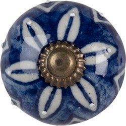 Clayre & Eef Deurknop  Ø 4 cm Blauw Wit Keramiek Rond Bladeren Meubelknop