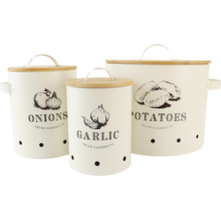 OTIX Voorraadpotten - met Deksel - Beige - Set van 3 - Knoflookpot - Uienpot - Aardappelbak - Metaal - LIBRA