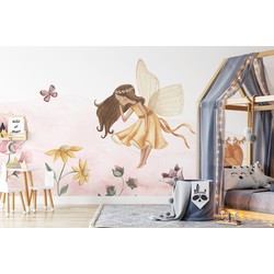 Kinderkamer behang Fee in roze bloemenzee 490 cm breed x 260 cm hoog - Walloha