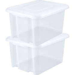 2x stuks kunststof opbergboxen/opbergdozen wit transparant L58 x B44 x H31 cm stapelbaar - Opbergbox