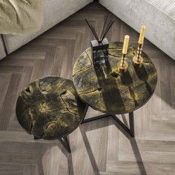 Salontafel Rond 50cm - Zwart / Goud Teakhout - Set van 2