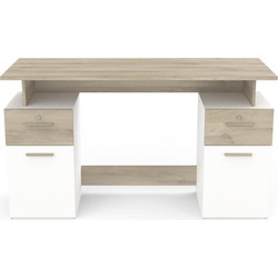 Dubbel Ladeblok Bureau, Hout en Wit Decor - L134,8 cm - Platon