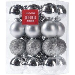 24x Glans/mat/glitter kerstballen zilver 3 cm kunststof kerstboom versiering/decoratie - Kerstbal