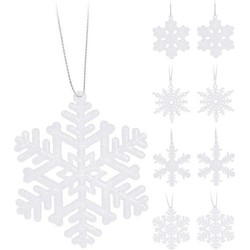 24x Kersthangers figuurtjes witte sneeuwvlok/ster 10 cm glitter - Kersthangers
