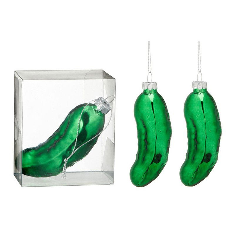 Kersthanger augurk - 2x - groen - 11 cm - glas - kerstornament - Kersthangers - 