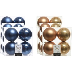 Kerstversiering kunststof kerstballen mix donkerblauw/camel bruin 6-8-10 cm pakket van 44x stuks - Kerstbal