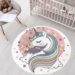 Tapijtenloods Vloerkleed Unicorn Rond Laagpolig Anime Kids Roze Creme- 120 CM ROND