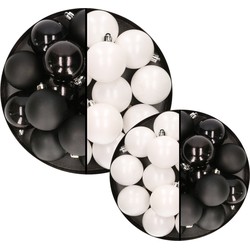 36x stuks kunststof kerstballen zwart en wit 6 en 8 cm - Kerstbal
