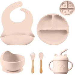 Siliconen Servies Set van 6 met Bordje, Bestek, Drinkfles, Slabbetje en Kommetje Beige