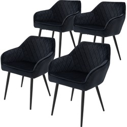 Eetkamerstoel set van 4 diamond quilting zwart fluwelen bekleding met metalen poten incl. montagemateriaal ML-Design