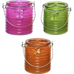 Citronella kaars - 3x - in windlicht - roze/groen en oranje - 20 branduren - citrusgeur - geurkaarsen