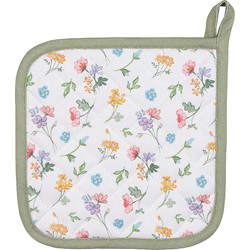 Clayre & Eef Pannenlap  20x20 cm Wit Groen Katoen Vierkant Bloemen