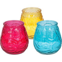 Arti Casa 6x stuks citronella Lowboy tafelkaarsen - 10 cm - blauw-geel-rood glas - geurkaarsen