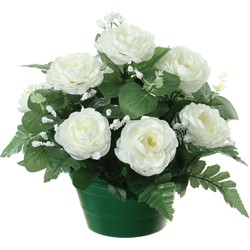 Louis Maes Kunstbloemen plantje in pot - wit - 25 cm - Bloemstuk ornament - rozen met bladgroen - Kunstbloemen