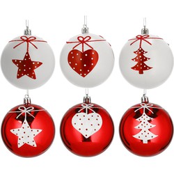 6x stuks gedecoreerde kerstballen rood en wit kunststof 6 cm - Kerstbal