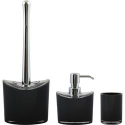 MSV Toiletborstel in houder/zeeppompje/beker - badkamer set Aveiro - kunststof - zwart - Badkameraccessoireset