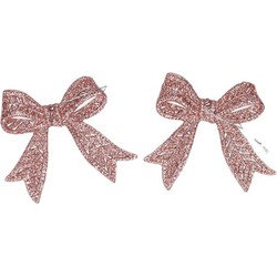 2x Kerstornamenten kersthangers roze strikjes 11 cm - Kersthangers
