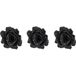 4x stuks decoratie bloemen roos zwart glitter op clip 10 cm - Kunstbloemen