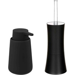 WC-/toiletborstel met houder - kunststof zwart - en zeeppompje 250 ml - Badkameraccessoireset