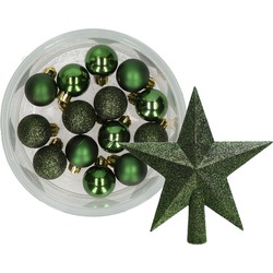 Decoris 14x stuks kerstballen 3 cm met ster piek donkergroen kunststof - Kerstbal